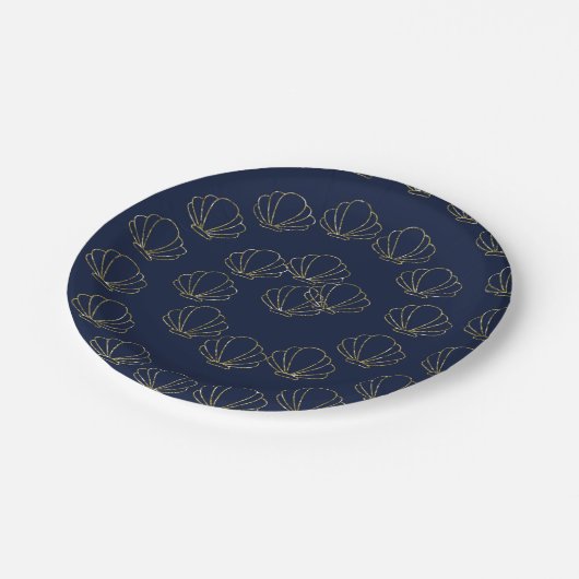 ネイビーブルー&金ゴールドシーシェルマーメイドブライダルシャワー ペーパープレート (アングル)