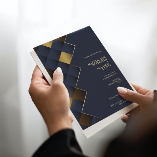 ネイビーブルー&金ゴールドジオメト結婚リ 招待状