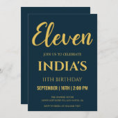 ネイビーブルー&金ゴールドスクリプト11誕生日 招待状 (正面/裏面)
