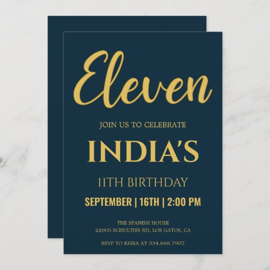 ネイビーブルー&金ゴールドスクリプト11誕生日 招待状 (正面/裏面)