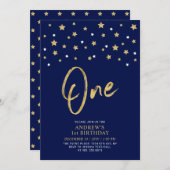 ネイビーブルー&金ゴールドスター |誕生日パーティー(1日) 招待状 (正面/裏面)