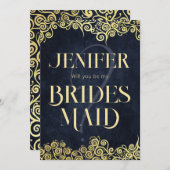 ネイビーブルー&金ゴールドスワーズ私の花嫁になる 招待状 (正面/裏面)