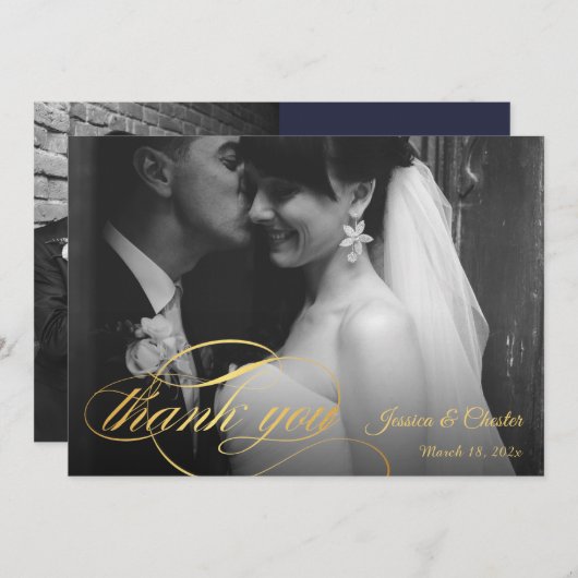 ネイビーブルー&金ゴールドス結婚クリプトの写真ありがとう サンキューカード (正面/裏面)