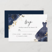 ネイビーブルー&金ゴールドドレスバラ誕生日ブライダルシャワー 出欠カード (正面/裏面)