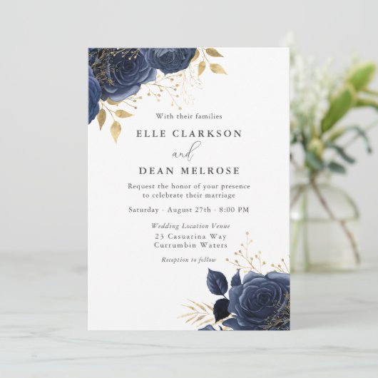 ネイビーブルー&金ゴールドバラエレガントウェディング 招待状 (スタンド正面)