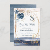 ネイビーブルー&金ゴールドバラ保存日 セーブザデート (正面/裏面)