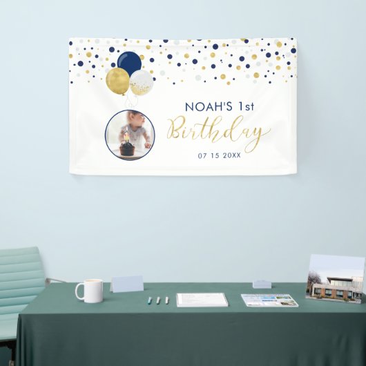 ネイビーブルー&金ゴールドバルーン1stバースデーフォトバナー 横断幕 (トレードショー)