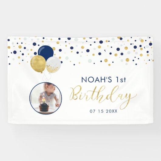 ネイビーブルー&金ゴールドバルーン1stバースデーフォトバナー 横断幕 (横)