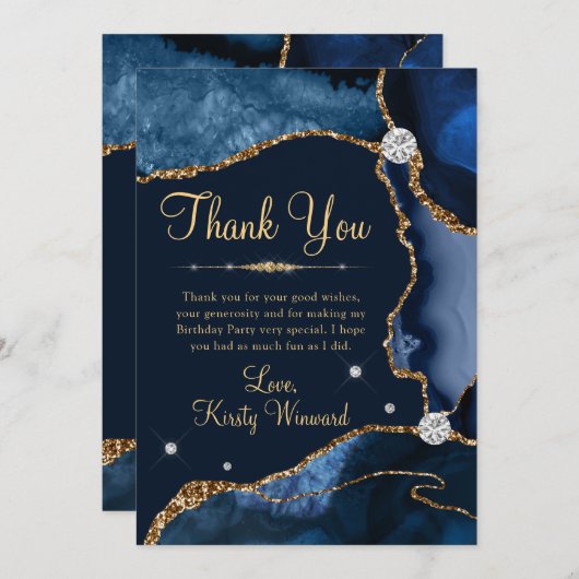 ネイビーブルー&金ゴールドフェイクグリッターアゲート誕生日 サンキューカード (正面/裏面)