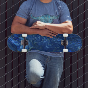 ネイビーブルー&金ゴールドフェイクマーブルアクリルアブストラクション スケートボード