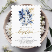 ネイビーブルー&金ゴールドフォトウォーターカラーバプテスマ 招待状