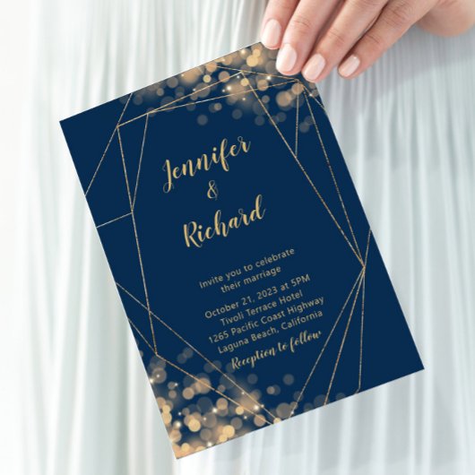 ネイビーブルー&金ゴールドフレーム(《写真》ぼけ味ライト付) 招待状