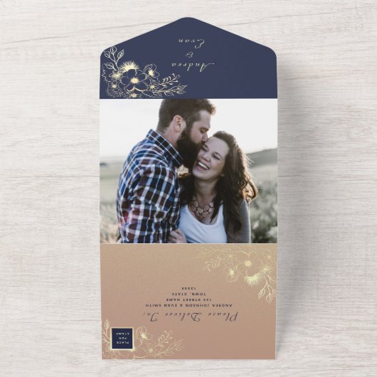 ネイビーブルー&金ゴールドフローラフォトウェディング招待状 オールインワン招待状 (外側)