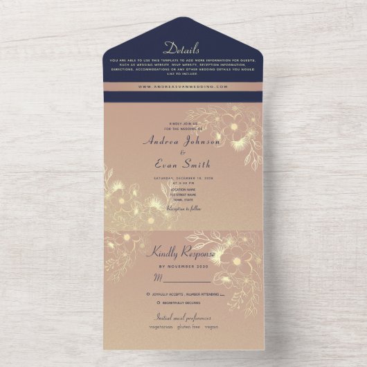 ネイビーブルー&金ゴールドフローラフォトウェディング招待状 オールインワン招待状 (内側)