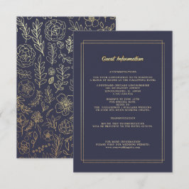 ネイビーブルー |金ゴールドフローラ結婚の詳細カード エンクロージャーカード