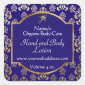 ネイビーブルー&金ゴールドホイルダマスク化粧品ラベル1 スクエアシール (正面)