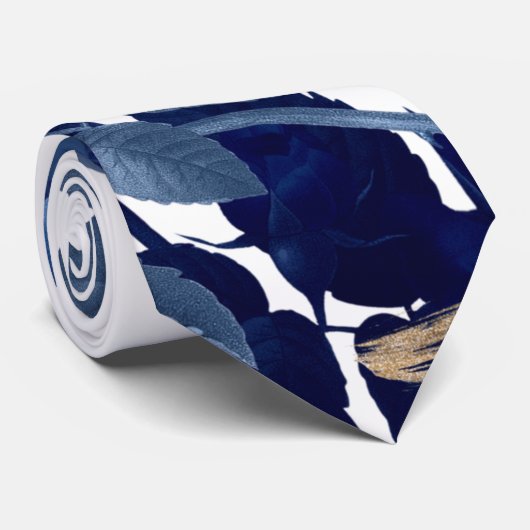 ネイビーブルー&金ゴールドボタニカルフローラ結婚ズグルーム ネクタイ (ロール)