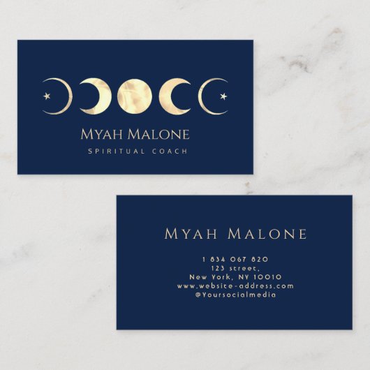 ネイビーブルー&金ゴールドムーンフェイズヨガスピリチュアルコーチ 名刺 (正面/裏面)
