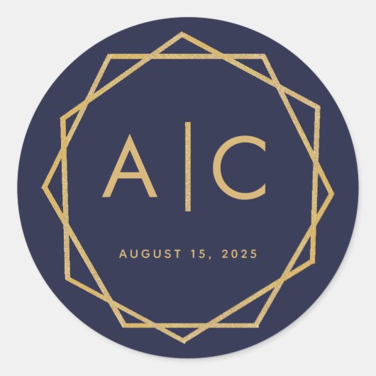 ネイビーブルー&金ゴールドモダンジオメト結婚リのモノグラム ラウンドシール (正面)