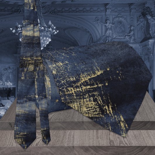 ネイビーブルー&金ゴールドモダンビーニング結婚ズネックタイ ネクタイ