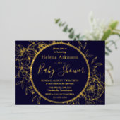 ネイビーブルー&金ゴールドモダン牡丹トイレベビースシャワー 箔招待状 (立ち正面)