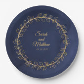 ネイビーブルー&金ゴールドユーカリリース結婚ズディナー ペーパープレート (正面)
