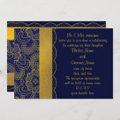 ネイビーブルー&金ゴールドレースの結婚式招待 招待状 (正面/裏面)