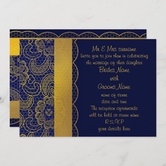 ネイビーブルー&金ゴールドレースの結婚式招待 招待状 (正面/裏面)