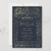 ネイビーブルー&金ゴールドヴィンテージビクトリアンデコスウィート16 招待状 (正面)