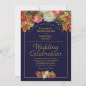 ネイビーブルー&金ゴールドヴィンテージフローラエレガントな結婚式 招待状 (正面)