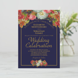 ネイビーブルー&金ゴールドヴィンテージフローラエレガントな結婚式 招待状