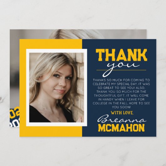 ネイビーブルー&金ゴールド卒業2写真サンキューカード 招待状 (正面/裏面)