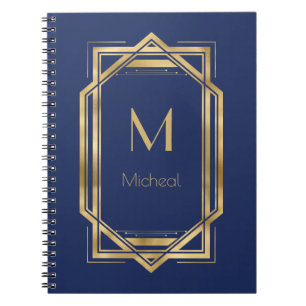 ネイビーブルー&金ゴールド幾何学模様  モノグラムと名前 ノートブック