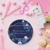 ネイビーブルー&金ゴールド幾何学的フローラ結婚ズ ペーパープレート (パーティー)
