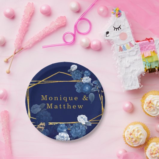 ネイビーブルー&金ゴールド幾何学的フローラ結婚ズ ペーパープレート (パーティー)