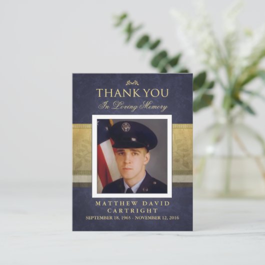 ネイビーブルー&金ゴールド悔やみや弔慰ありがとう写真ポストカード ポストカード (スタンド正面)