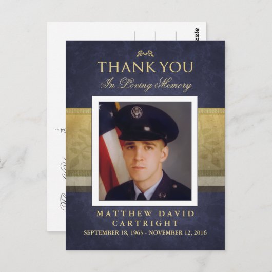 ネイビーブルー&金ゴールド悔やみや弔慰ありがとう写真ポストカード ポストカード (正面/裏面)