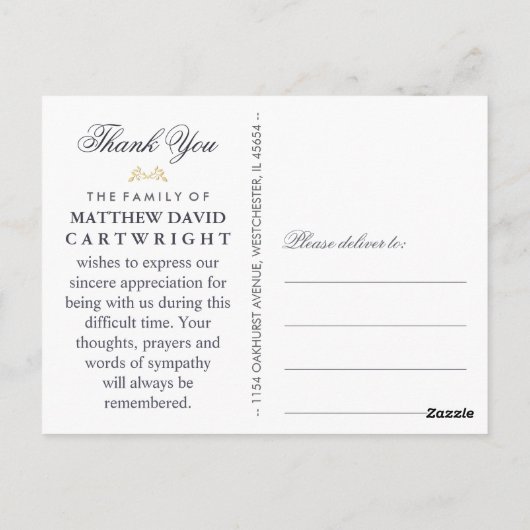 ネイビーブルー&金ゴールド悔やみや弔慰ありがとう写真ポストカード ポストカード (裏面)