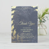 ネイビーブルー&金ゴールド悔やみや弔慰サンキュー葉フローラ 招待状 (スタンド正面)