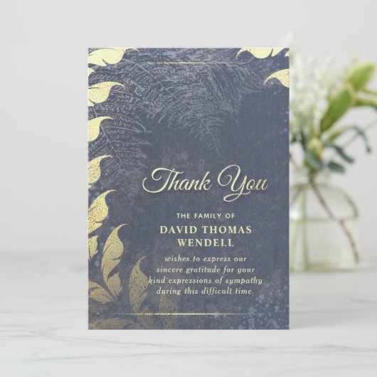 ネイビーブルー&金ゴールド悔やみや弔慰サンキュー葉フローラ 招待状 (スタンド正面)