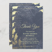 ネイビーブルー&金ゴールド悔やみや弔慰サンキュー葉フローラ 招待状 (正面/裏面)