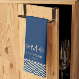 ネイビーブルー&金ゴールド日本のアールデコファカスタマイズン キッチンタオル