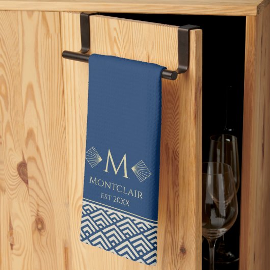 ネイビーブルー&金ゴールド日本のアールデコファカスタマイズン キッチンタオル (三つ折り)