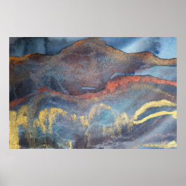 ネイビーブルー&金ゴールド水彩大理石モダン抽象芸術 ポスター