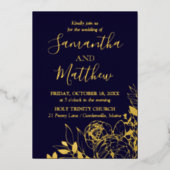 ネイビーブルー&金ゴールド牡丹モダンフローラ結婚 箔招待状 (正面)