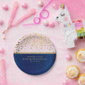ネイビーブルー&金ゴールド紙吹雪ドット&ピンク淡い色のデザイン ペーパープレート (パーティー)