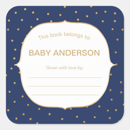 ネイビーブルー+金ゴールド紙吹雪ベビーシャワー蔵書票 スクエアシール (正面)