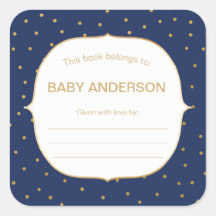 ネイビーブルー+金ゴールド紙吹雪ベビーシャワー蔵書票