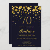ネイビーブルー&金ゴールド紙吹雪70thバースデーパーティー 招待状 (正面/裏面)