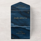 ネイビーブルー&金ゴールド結婚ズオールインワン招待状 オールインワン招待状 (外側)